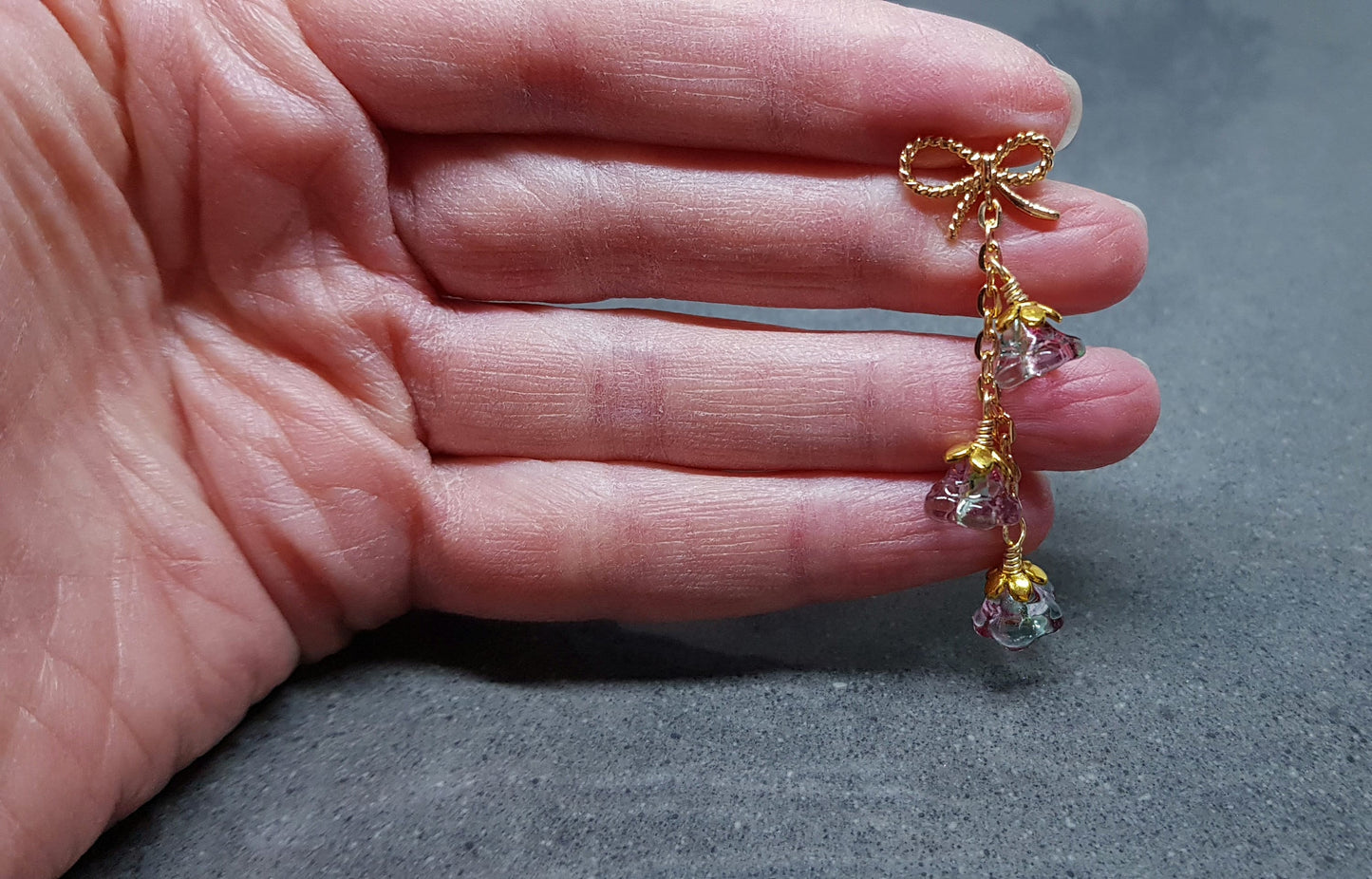 Flower Earrings, Brass Bow Studs, Glass Flowers, Deep Red, Pink and Green, Multicolour, Gold Plated, Individually Hand Wire Wrapped