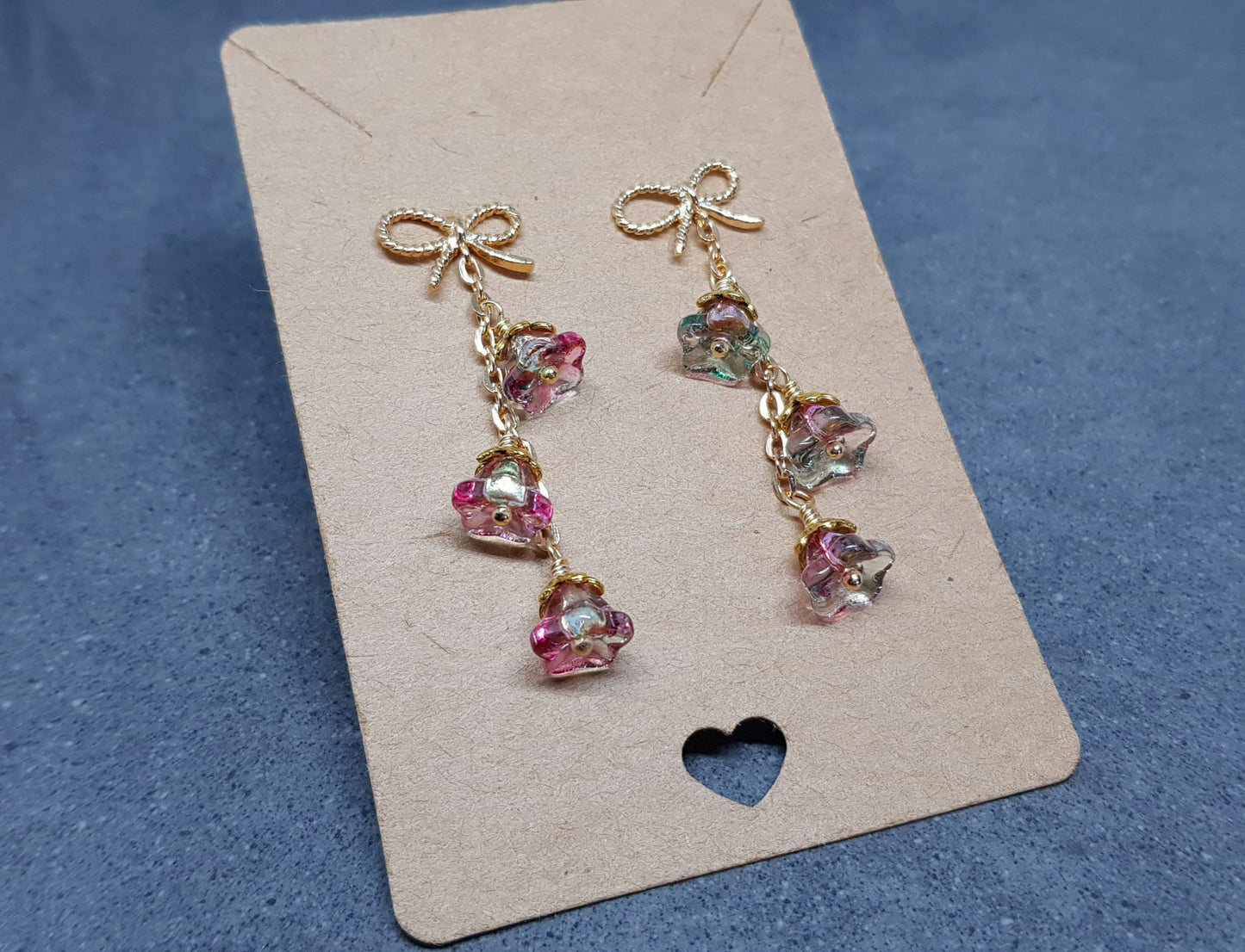 Flower Earrings, Brass Bow Studs, Glass Flowers, Deep Red, Pink and Green, Multicolour, Gold Plated, Individually Hand Wire Wrapped