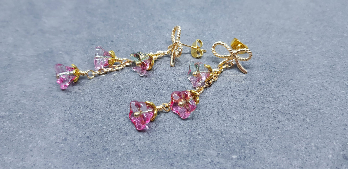 Flower Earrings, Brass Bow Studs, Glass Flowers, Deep Red, Pink and Green, Multicolour, Gold Plated, Individually Hand Wire Wrapped