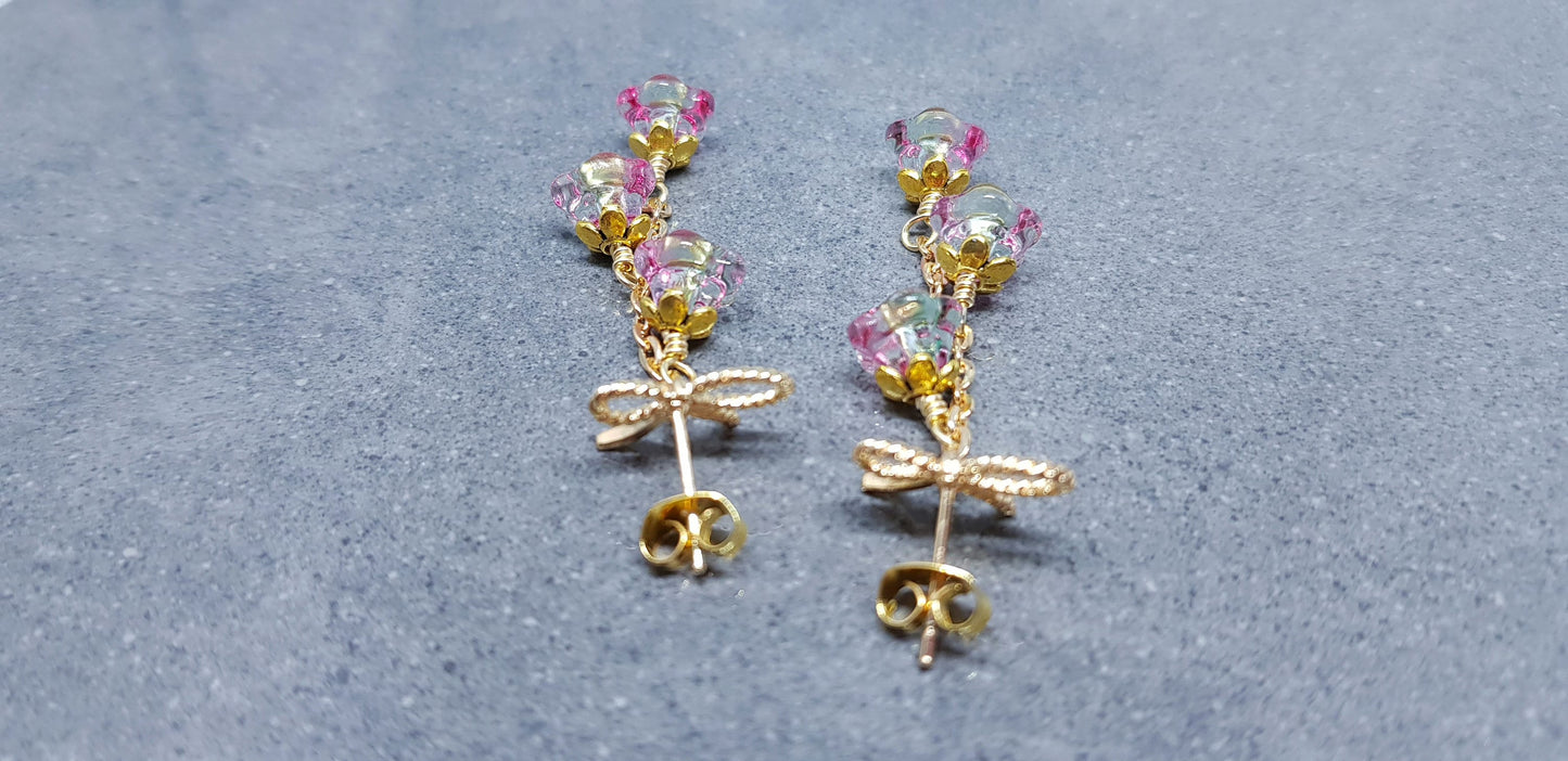 Flower Earrings, Brass Bow Studs, Glass Flowers, Deep Red, Pink and Green, Multicolour, Gold Plated, Individually Hand Wire Wrapped