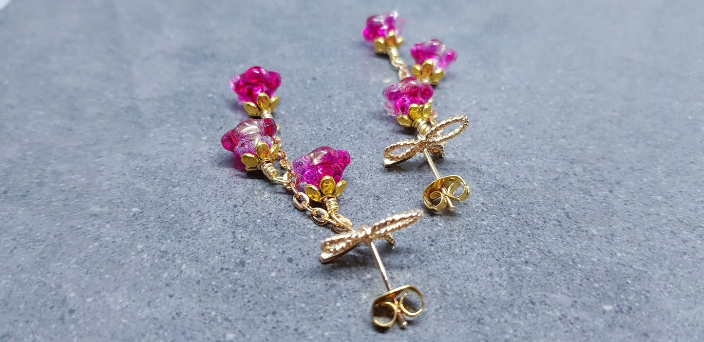 Flower Earrings, Brass Bow Studs, Glass Flowers, Crimson, Gold Plated, Individually Hand Wire Wrapped, Pretty Earrings