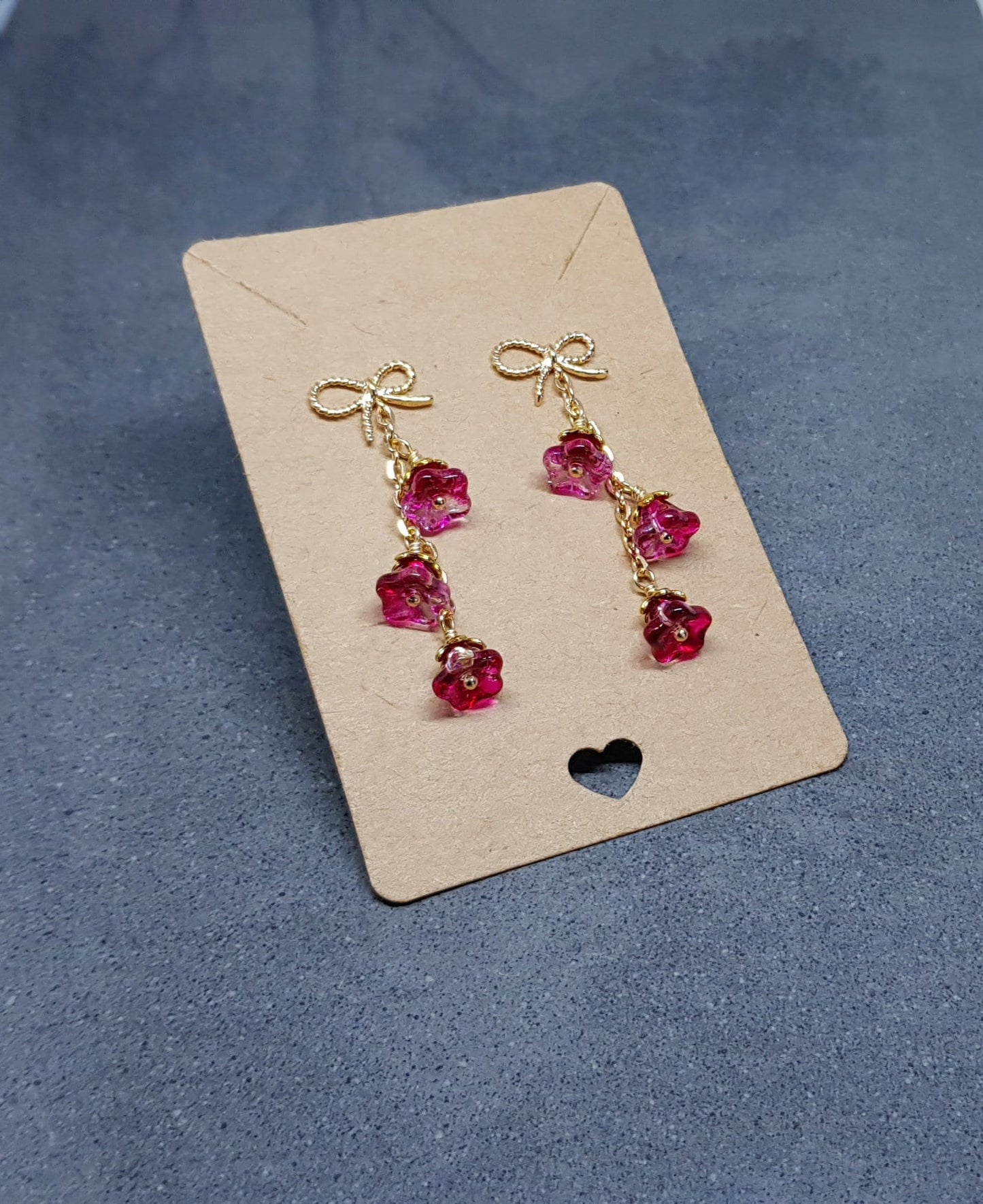 Flower Earrings, Brass Bow Studs, Glass Flowers, Crimson, Gold Plated, Individually Hand Wire Wrapped, Pretty Earrings