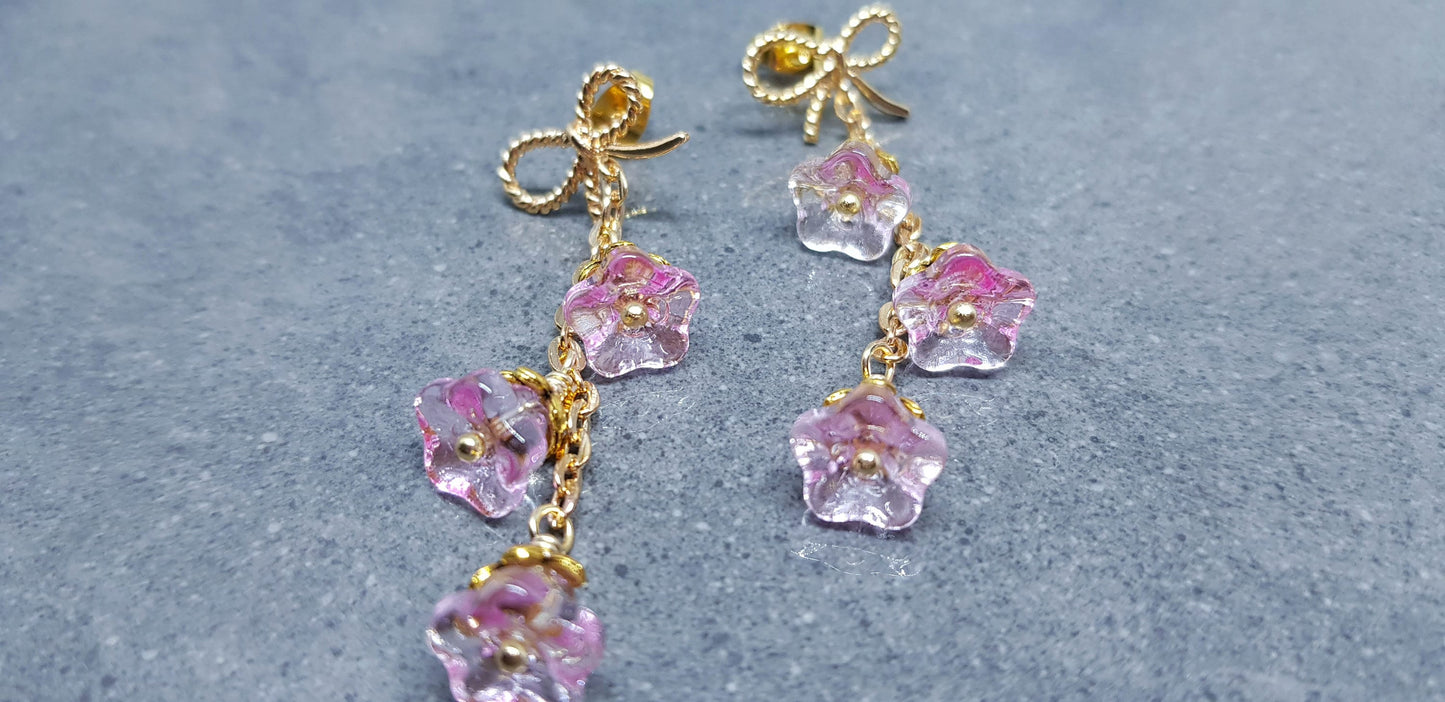 Flower Earrings, Brass Bow Studs, Glass Flowers, Pale Pink, Gold Plated, Individually Hand Wire Wrapped, Pretty Earrings