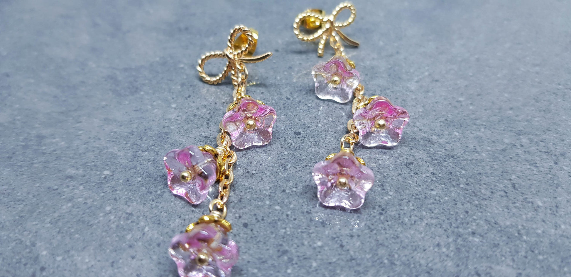 Flower Earrings, Brass Bow Studs, Glass Flowers, Pale Pink, Gold Plated, Individually Hand Wire Wrapped, Pretty Earrings