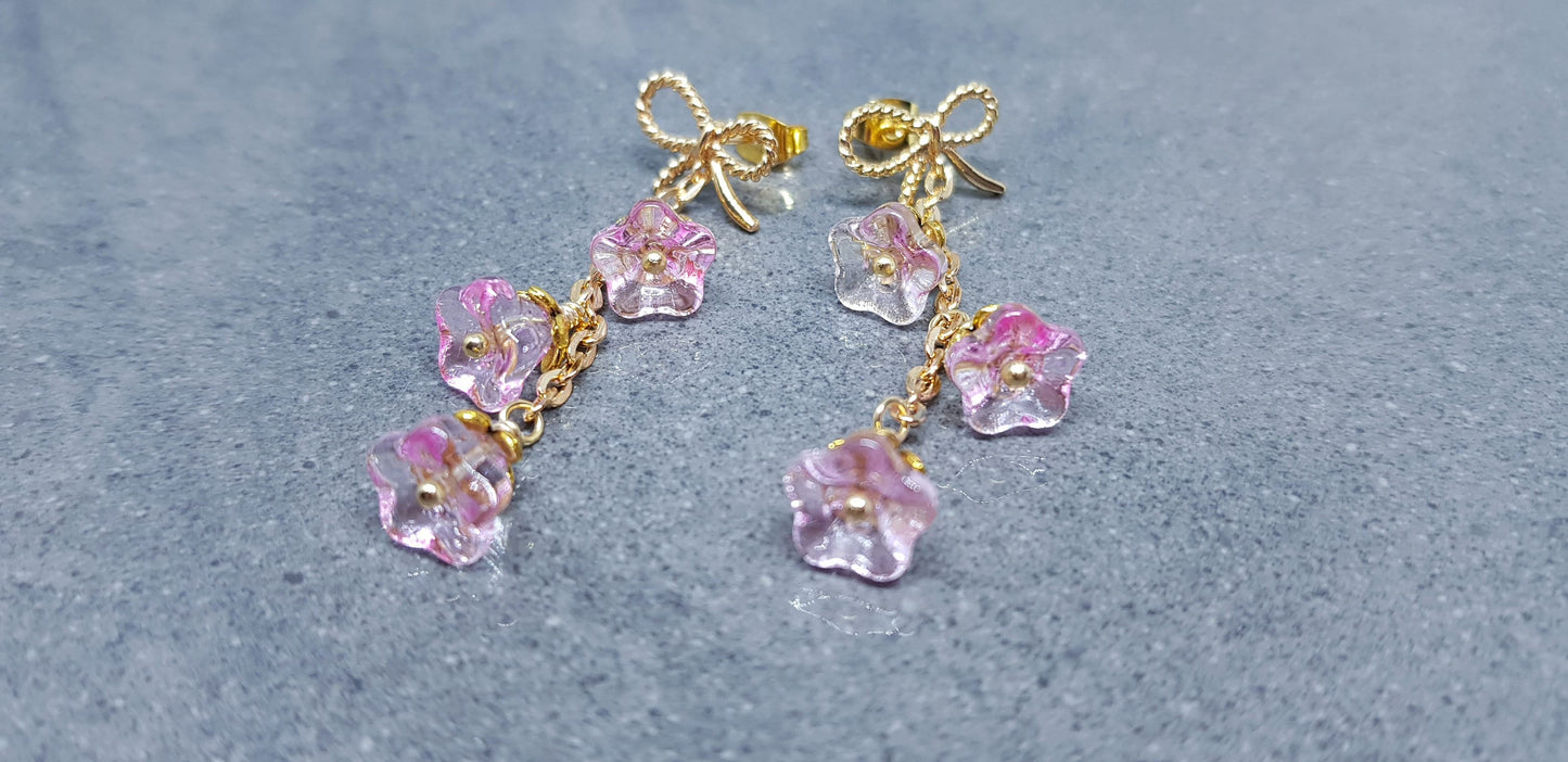 Flower Earrings, Brass Bow Studs, Glass Flowers, Pale Pink, Gold Plated, Individually Hand Wire Wrapped, Pretty Earrings