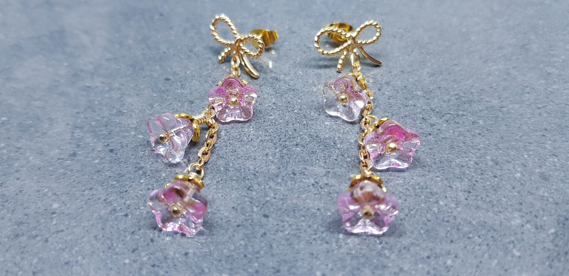 Flower Earrings, Brass Bow Studs, Glass Flowers, Pale Pink, Gold Plated, Individually Hand Wire Wrapped, Pretty Earrings