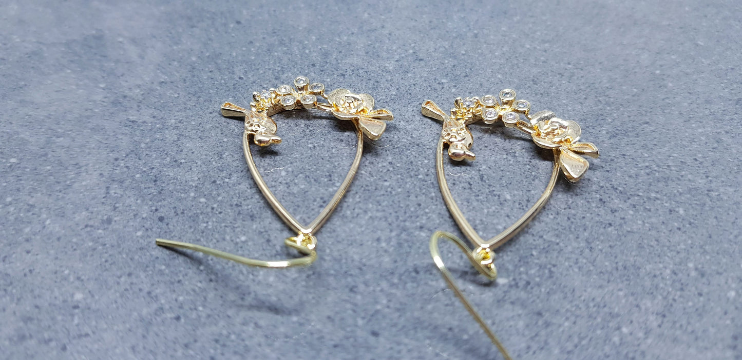 Gold Bird with Flower Teardrop Earrings, Hypoallergenic Ear Wires, Bird Earrings, Brass Micro Pave Cubic Zirconia, Detailed and Pretty