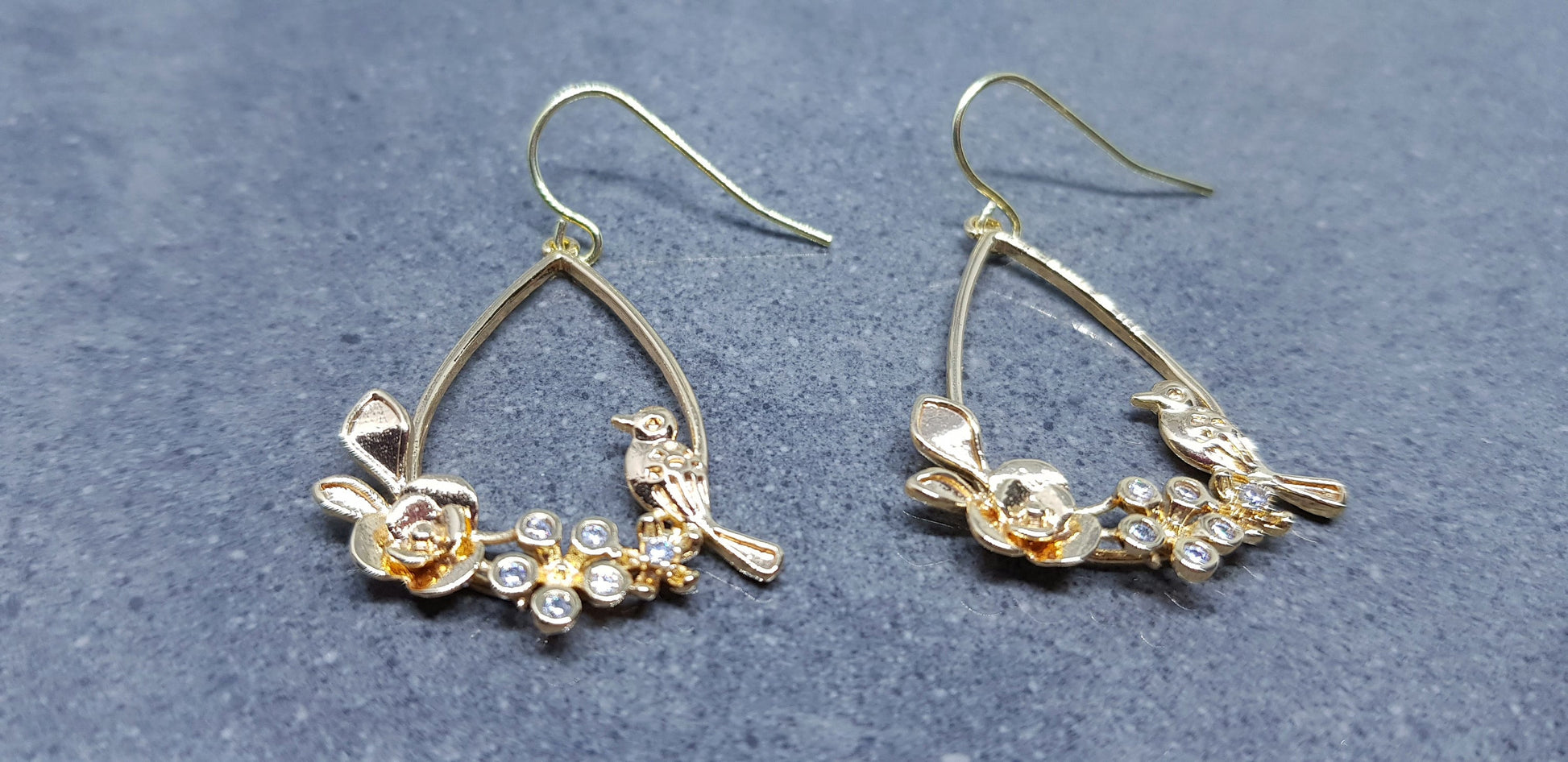 Gold Bird with Flower Teardrop Earrings, Hypoallergenic Ear Wires, Bird Earrings, Brass Micro Pave Cubic Zirconia, Detailed and Pretty