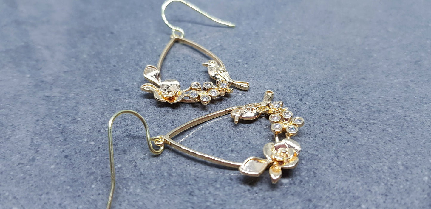 Gold Bird with Flower Teardrop Earrings, Hypoallergenic Ear Wires, Bird Earrings, Brass Micro Pave Cubic Zirconia, Detailed and Pretty