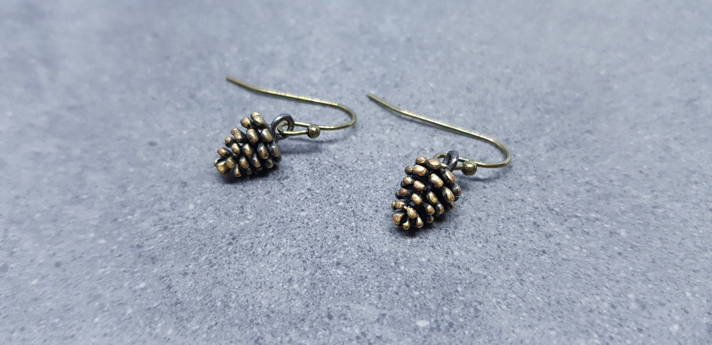 Miniature Pinecone Earrings, Hypoallergenic Ear Wires, Autumn Winter Jewelry