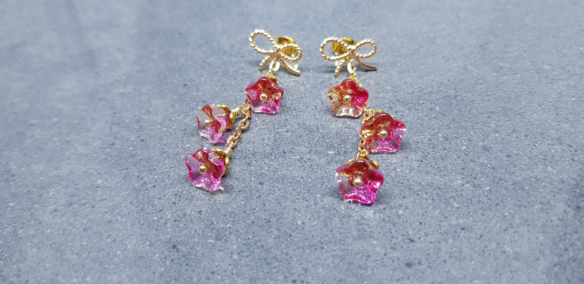 Flower Earrings, Brass Bow Studs, Glass Flowers, Orange/Pink Multicolour, Gold Plated, Individually Hand Wire Wrapped, Pretty Earrings