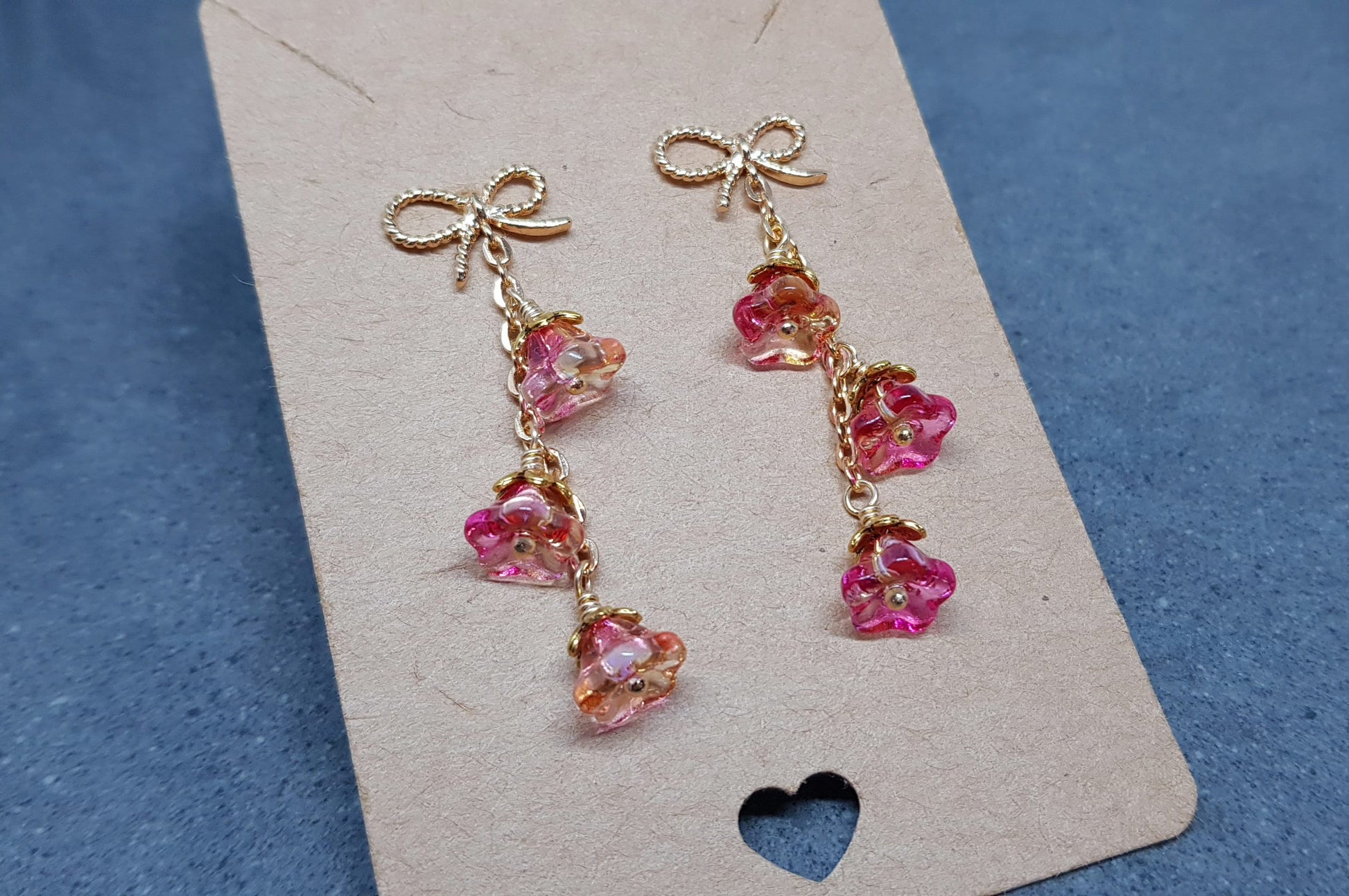 Flower Earrings, Brass Bow Studs, Glass Flowers, Orange/Pink Multicolour, Gold Plated, Individually Hand Wire Wrapped, Pretty Earrings