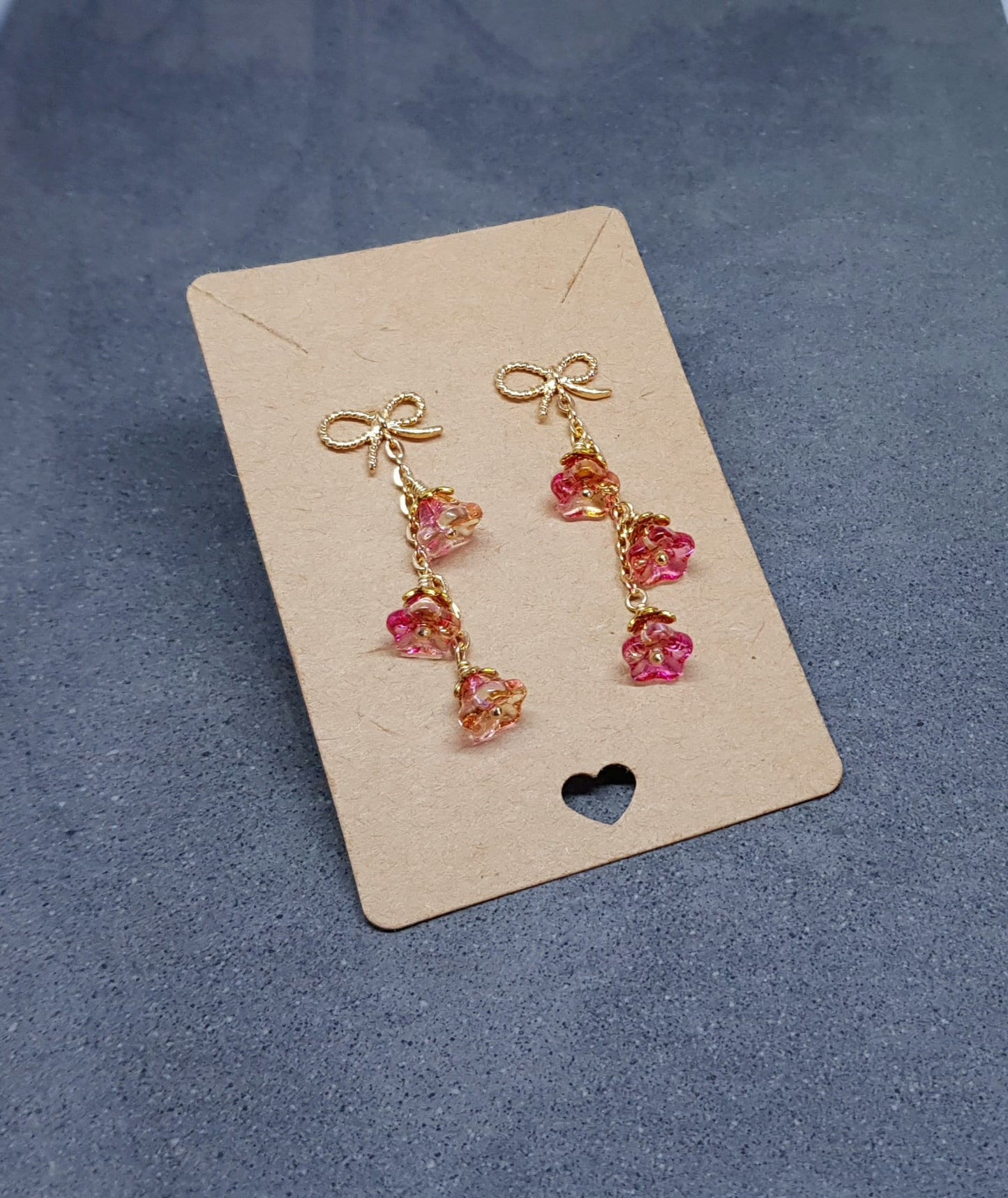 Flower Earrings, Brass Bow Studs, Glass Flowers, Orange/Pink Multicolour, Gold Plated, Individually Hand Wire Wrapped, Pretty Earrings