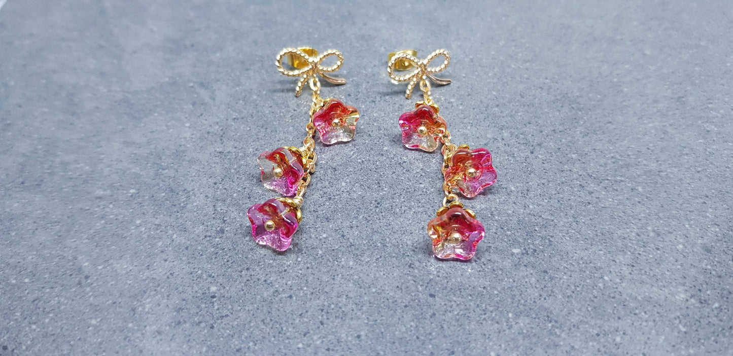 Flower Earrings, Brass Bow Studs, Glass Flowers, Orange/Pink Multicolour, Gold Plated, Individually Hand Wire Wrapped, Pretty Earrings