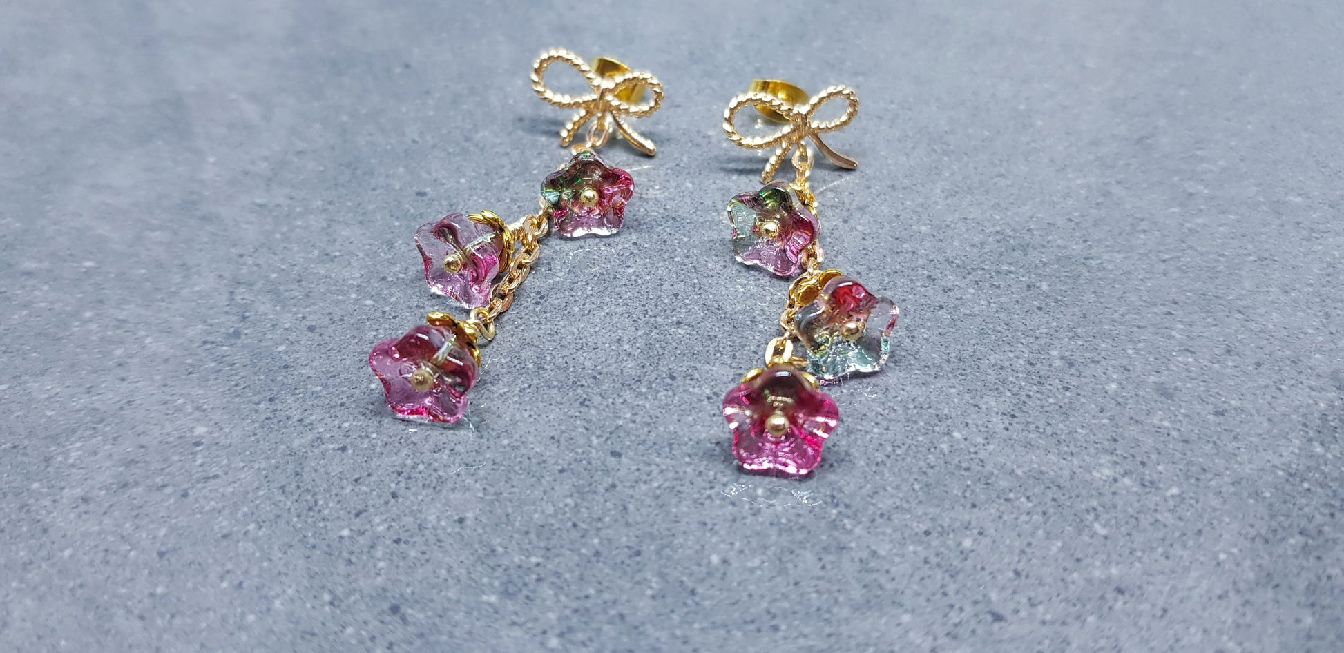 Flower Earrings, Brass Bow Studs, Glass Flowers, Deep Red, Pink and Green, Multicolour, Gold Plated, Individually Hand Wire Wrapped