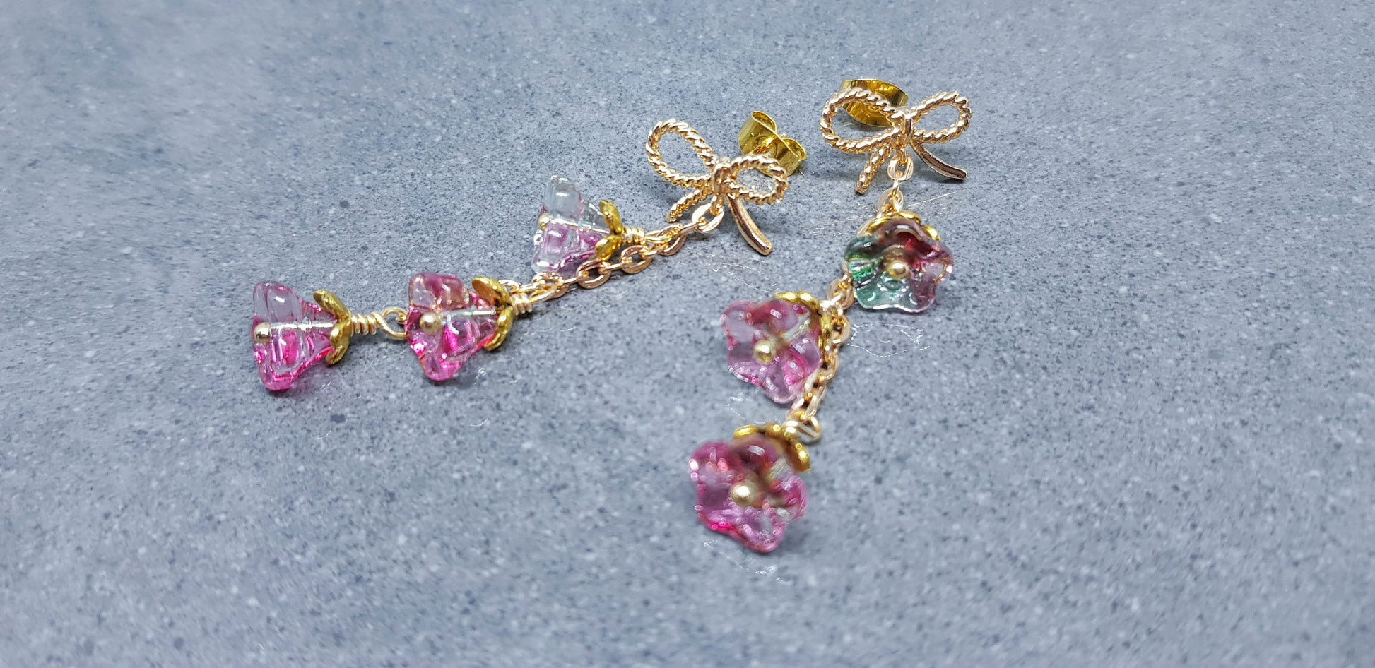 Flower Earrings, Brass Bow Studs, Glass Flowers, Deep Red, Pink and Green, Multicolour, Gold Plated, Individually Hand Wire Wrapped