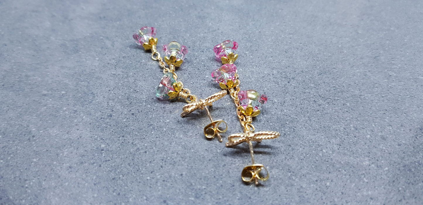 Flower Earrings, Brass Bow Studs, Glass Flowers, Deep Red, Pink and Green, Multicolour, Gold Plated, Individually Hand Wire Wrapped