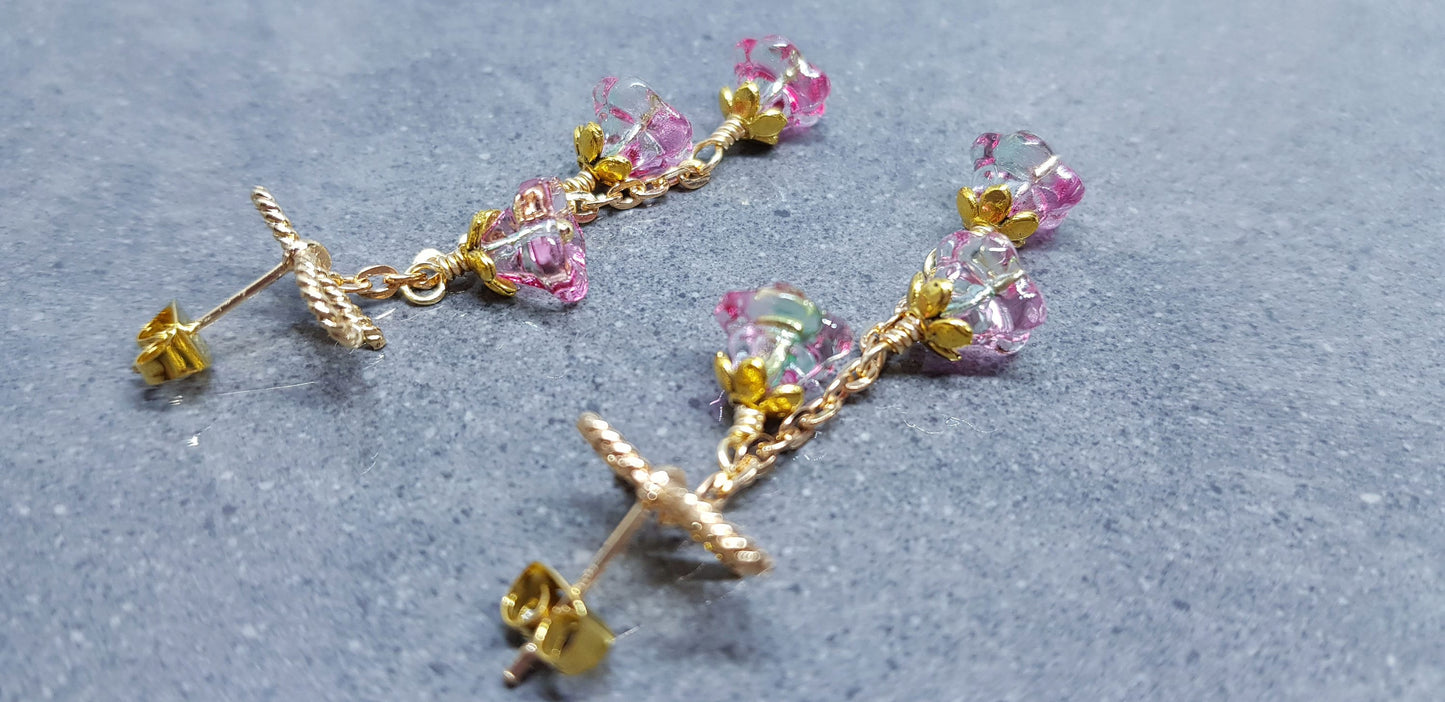 Flower Earrings, Brass Bow Studs, Glass Flowers, Deep Red, Pink and Green, Multicolour, Gold Plated, Individually Hand Wire Wrapped