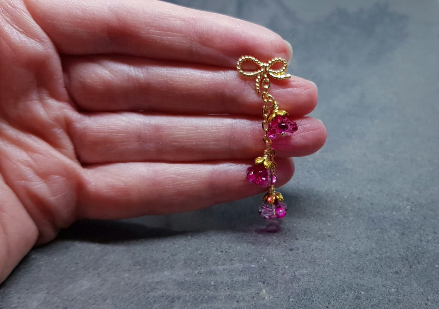 Flower Earrings, Brass Bow Studs, Glass Flowers, Crimson, Gold Plated, Individually Hand Wire Wrapped, Pretty Earrings