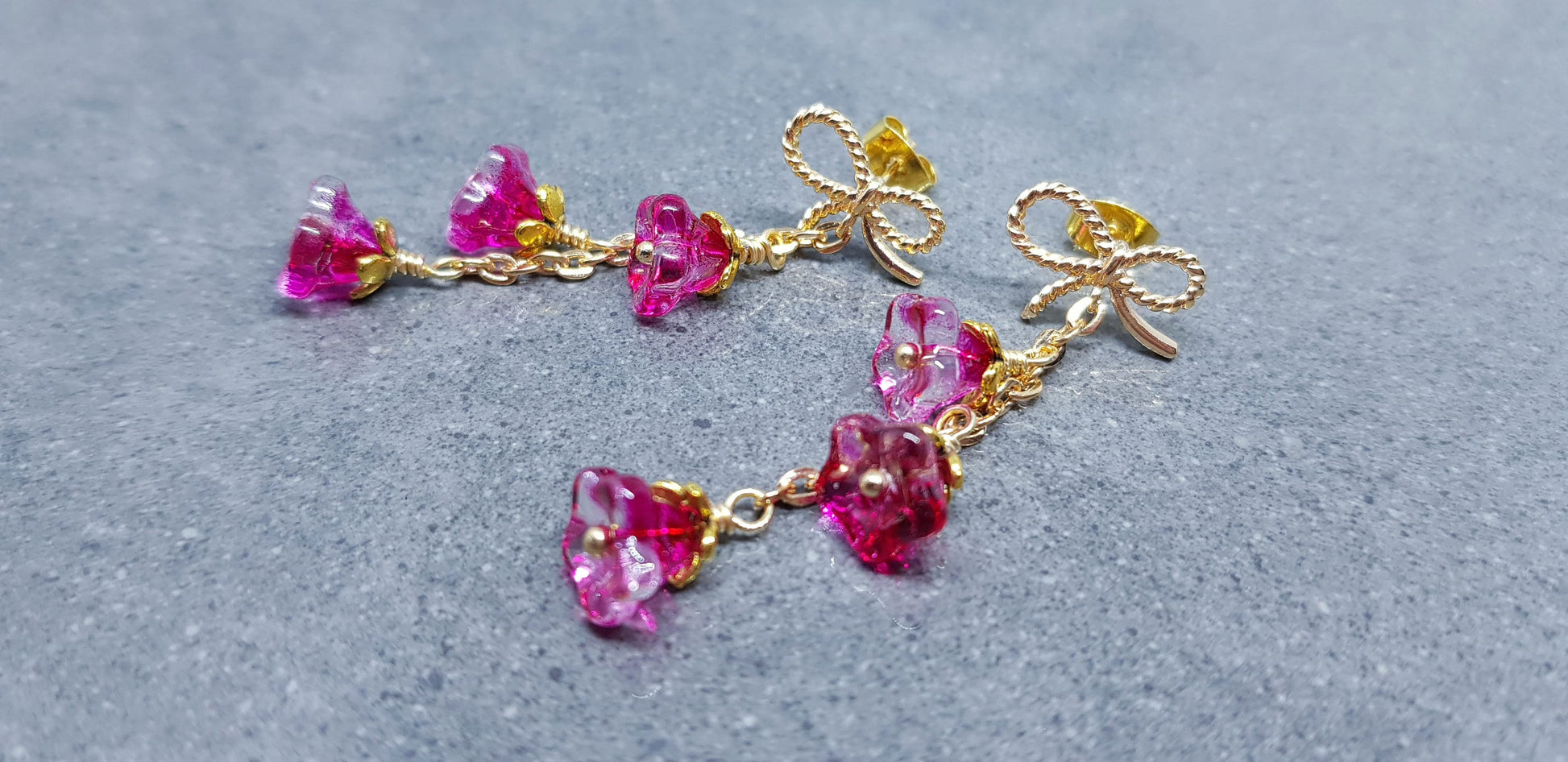 Flower Earrings, Brass Bow Studs, Glass Flowers, Crimson, Gold Plated, Individually Hand Wire Wrapped, Pretty Earrings