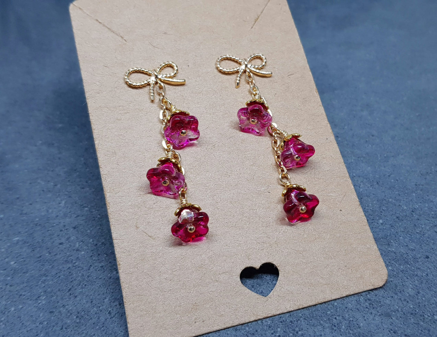 Flower Earrings, Brass Bow Studs, Glass Flowers, Crimson, Gold Plated, Individually Hand Wire Wrapped, Pretty Earrings