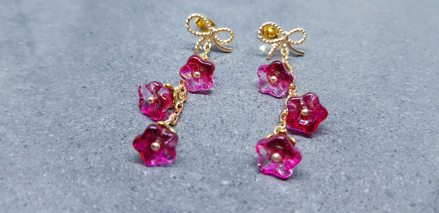 Flower Earrings, Brass Bow Studs, Glass Flowers, Crimson, Gold Plated, Individually Hand Wire Wrapped, Pretty Earrings