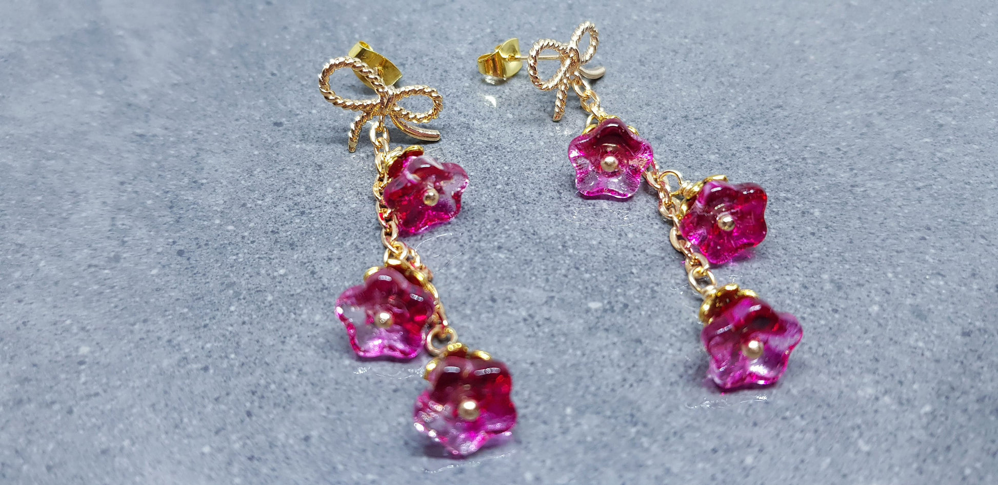 Flower Earrings, Brass Bow Studs, Glass Flowers, Crimson, Gold Plated, Individually Hand Wire Wrapped, Pretty Earrings