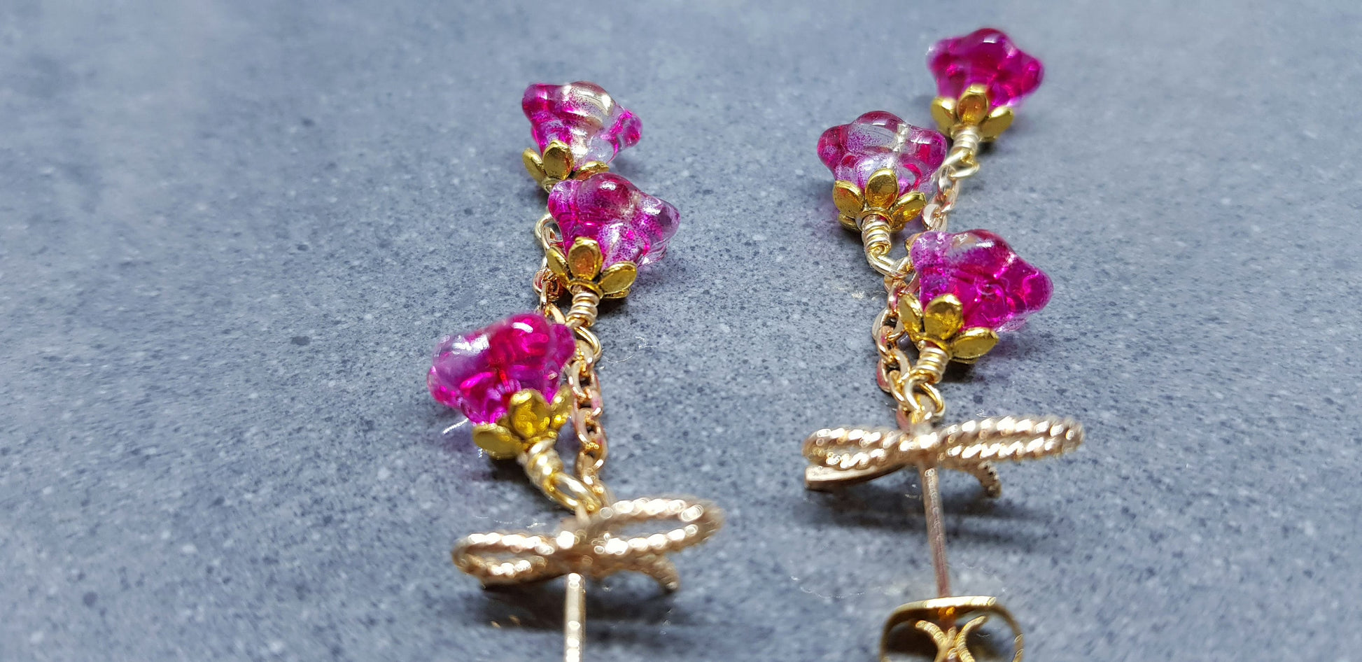 Flower Earrings, Brass Bow Studs, Glass Flowers, Crimson, Gold Plated, Individually Hand Wire Wrapped, Pretty Earrings