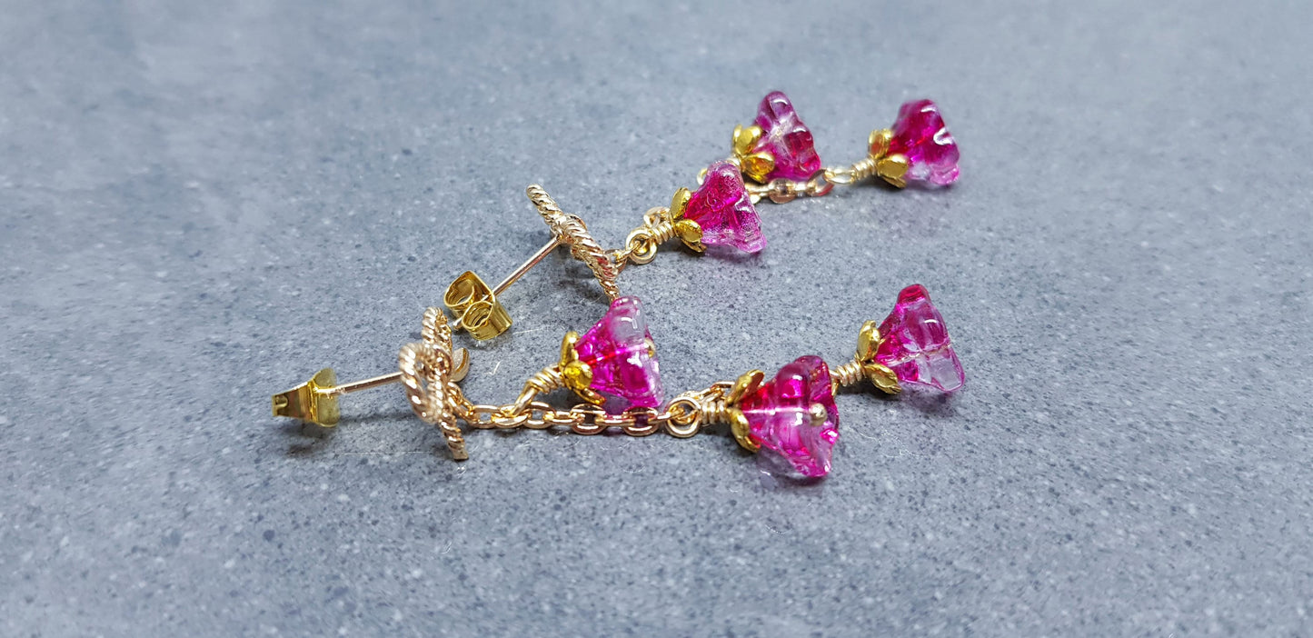 Flower Earrings, Brass Bow Studs, Glass Flowers, Crimson, Gold Plated, Individually Hand Wire Wrapped, Pretty Earrings