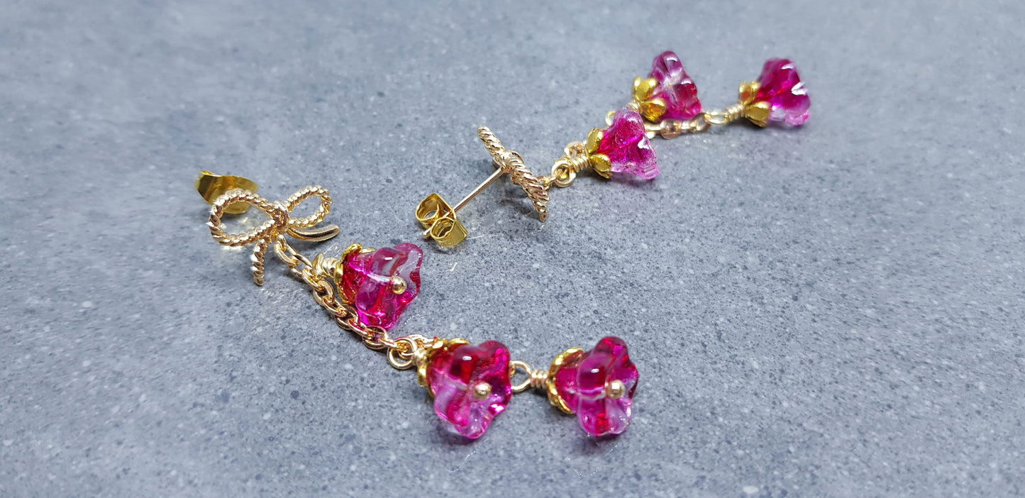 Flower Earrings, Brass Bow Studs, Glass Flowers, Crimson, Gold Plated, Individually Hand Wire Wrapped, Pretty Earrings