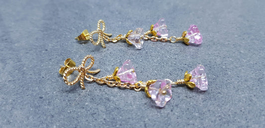 Flower Earrings, Brass Bow Studs, Glass Flowers, Pale Pink, Gold Plated, Individually Hand Wire Wrapped, Pretty Earrings