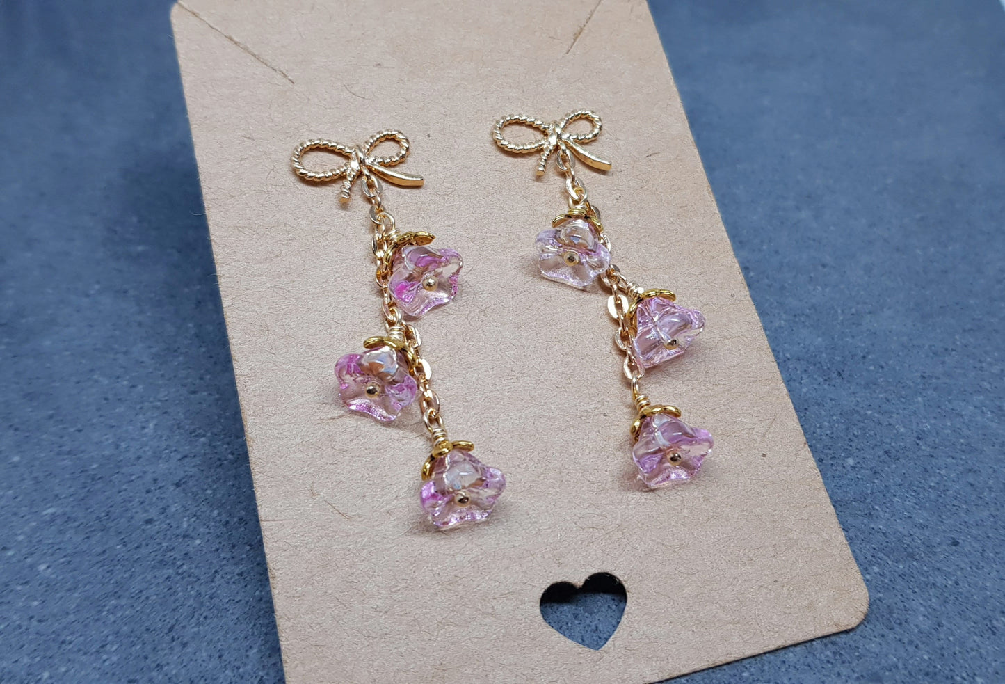 Flower Earrings, Brass Bow Studs, Glass Flowers, Pale Pink, Gold Plated, Individually Hand Wire Wrapped, Pretty Earrings