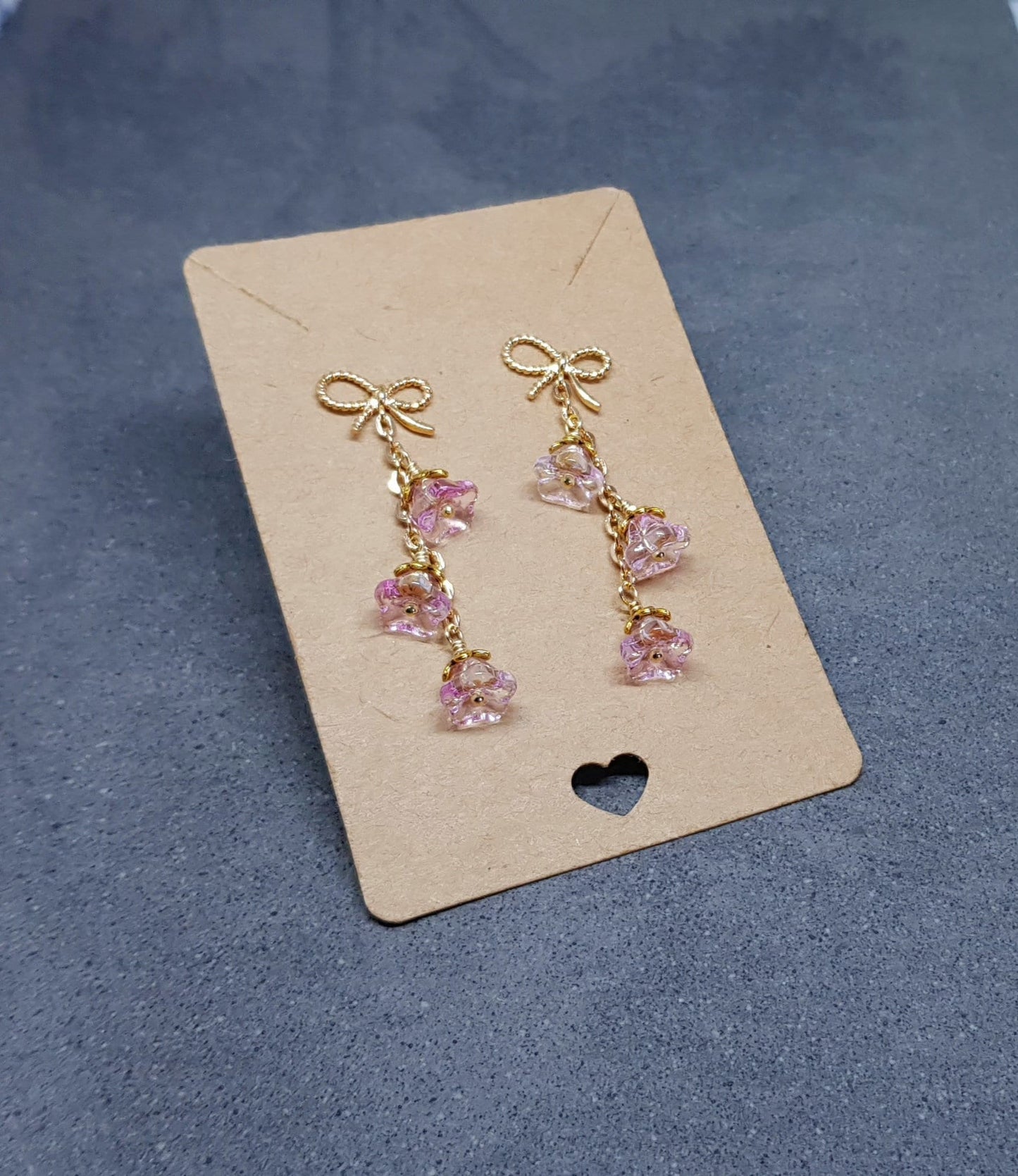 Flower Earrings, Brass Bow Studs, Glass Flowers, Pale Pink, Gold Plated, Individually Hand Wire Wrapped, Pretty Earrings