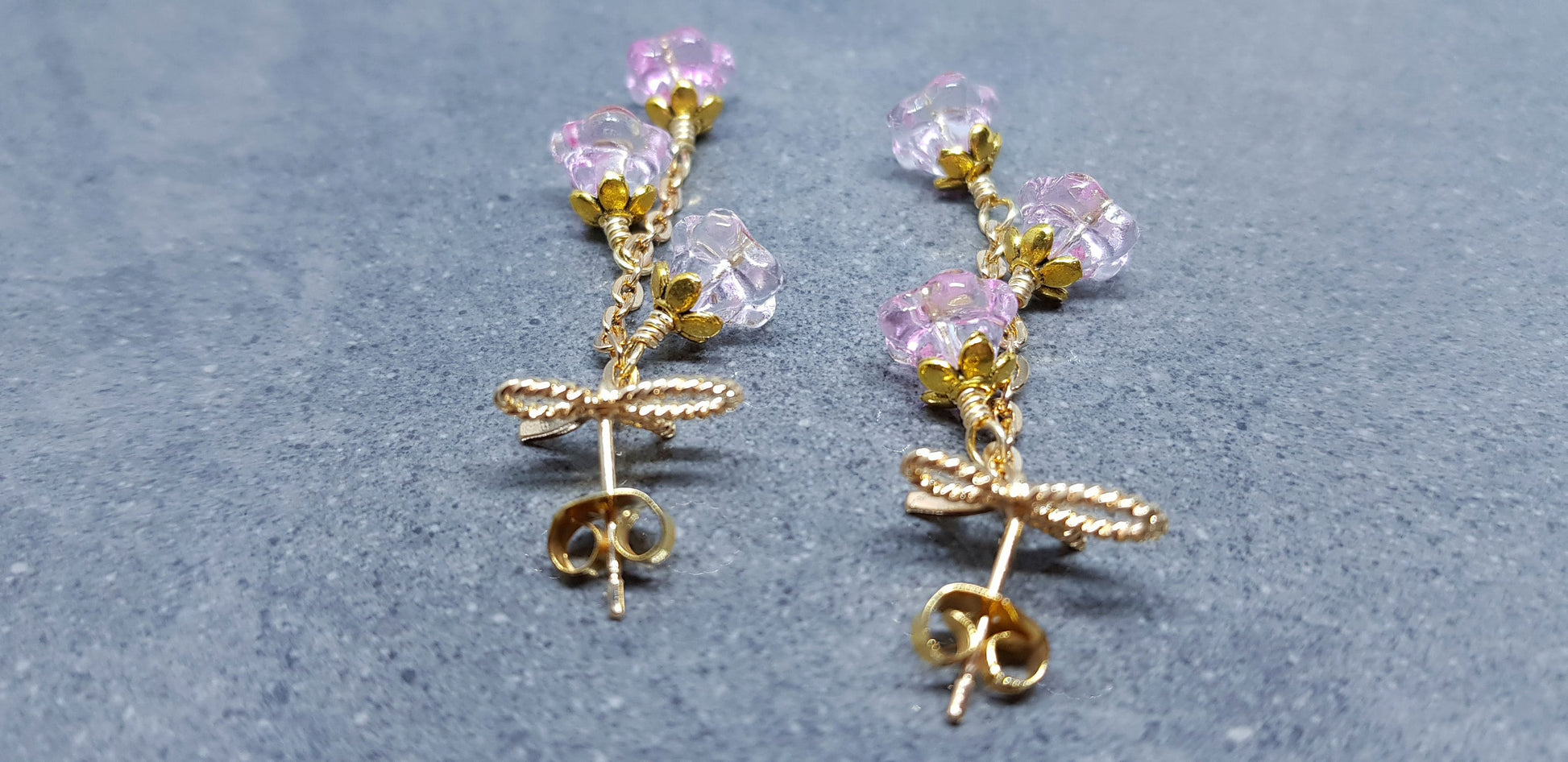 Flower Earrings, Brass Bow Studs, Glass Flowers, Pale Pink, Gold Plated, Individually Hand Wire Wrapped, Pretty Earrings