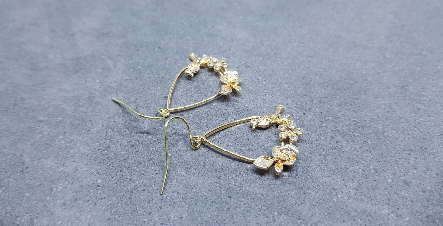 Gold Bird with Flower Teardrop Earrings, Hypoallergenic Ear Wires, Bird Earrings, Brass Micro Pave Cubic Zirconia, Detailed and Pretty