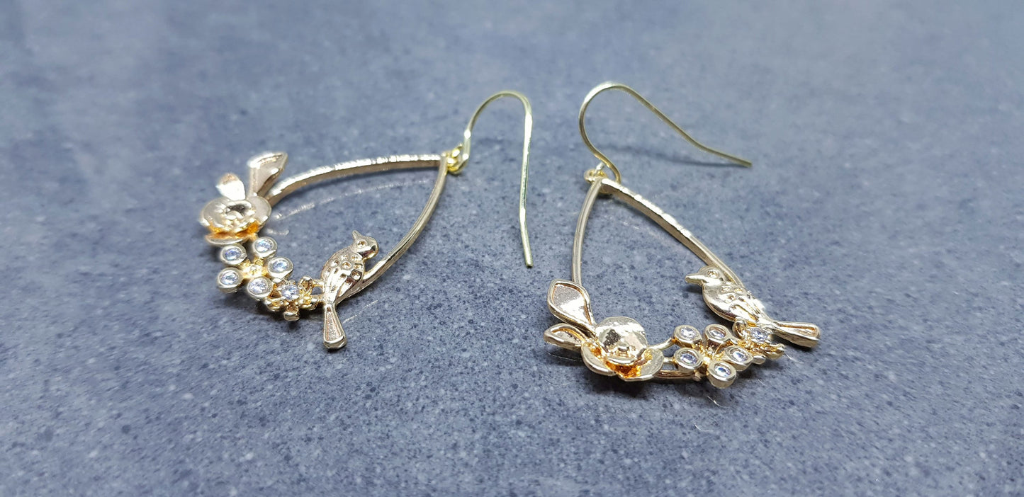 Gold Bird with Flower Teardrop Earrings, Hypoallergenic Ear Wires, Bird Earrings, Brass Micro Pave Cubic Zirconia, Detailed and Pretty