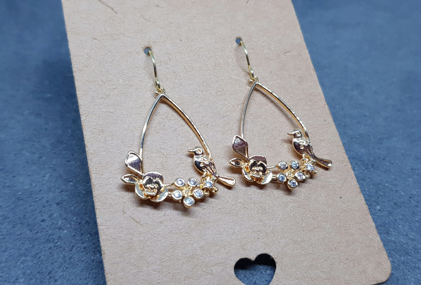 Gold Bird with Flower Teardrop Earrings, Hypoallergenic Ear Wires, Bird Earrings, Brass Micro Pave Cubic Zirconia, Detailed and Pretty