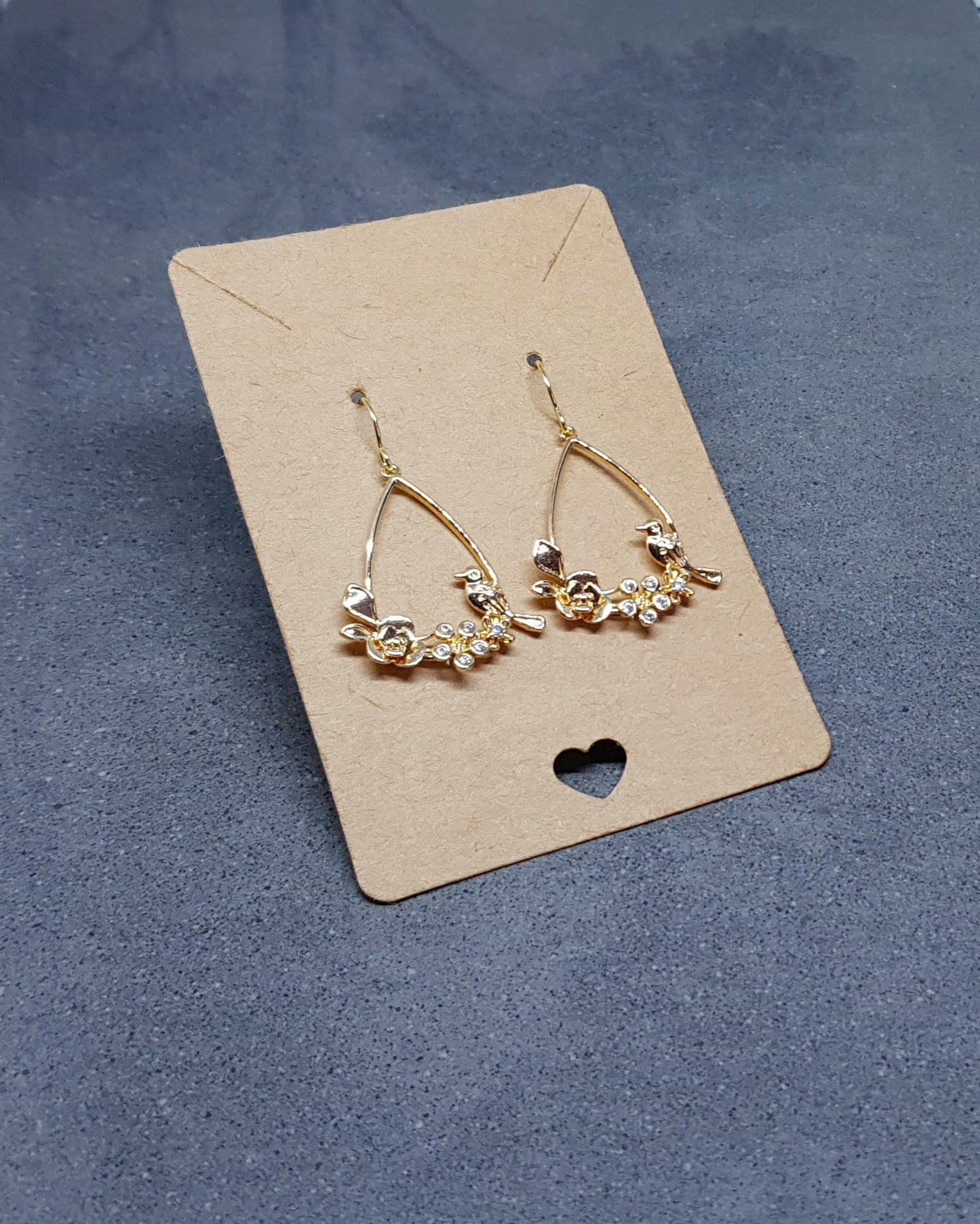 Gold Bird with Flower Teardrop Earrings, Hypoallergenic Ear Wires, Bird Earrings, Brass Micro Pave Cubic Zirconia, Detailed and Pretty