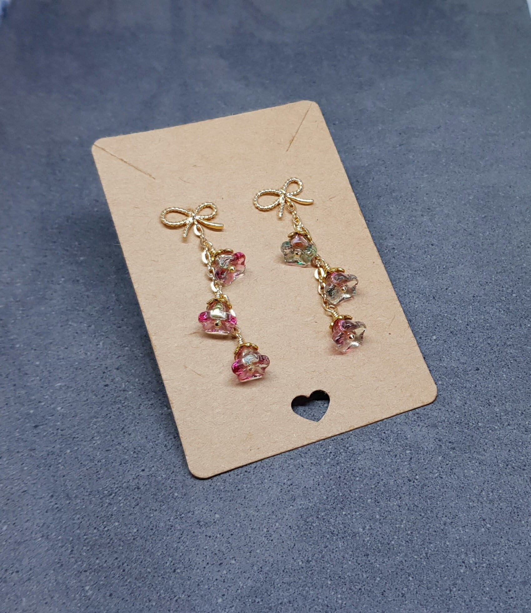 Flower Earrings, Brass Bow Studs, Glass Flowers, Deep Red, Pink and Green, Multicolour, Gold Plated, Individually Hand Wire Wrapped