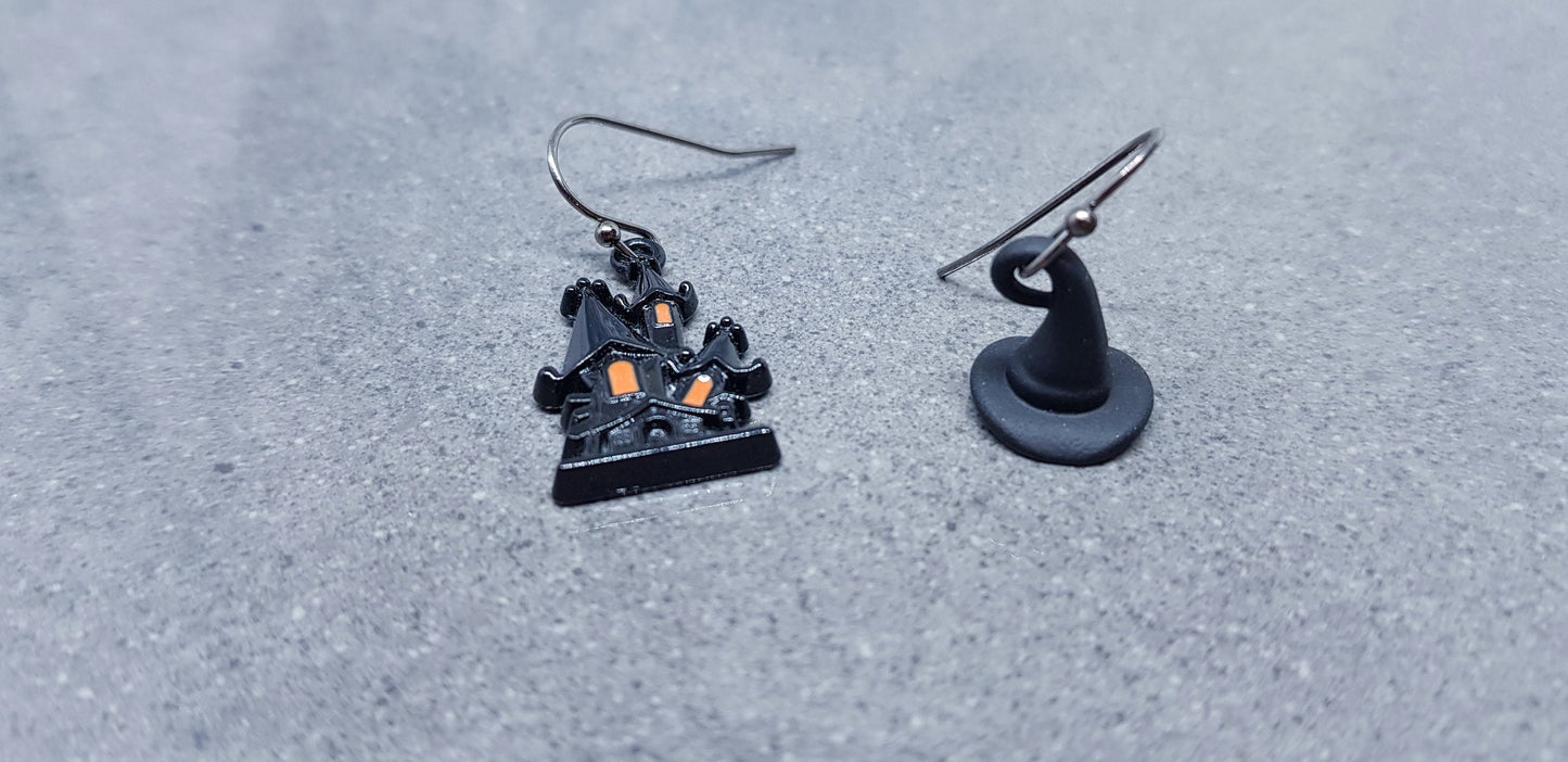 Haunted House Earrings, Hypoallergenic Ear Wires, Witches Hat, Autumn Fall Earrings, Halloween Earrings, Halloween Party, Hallows Eve