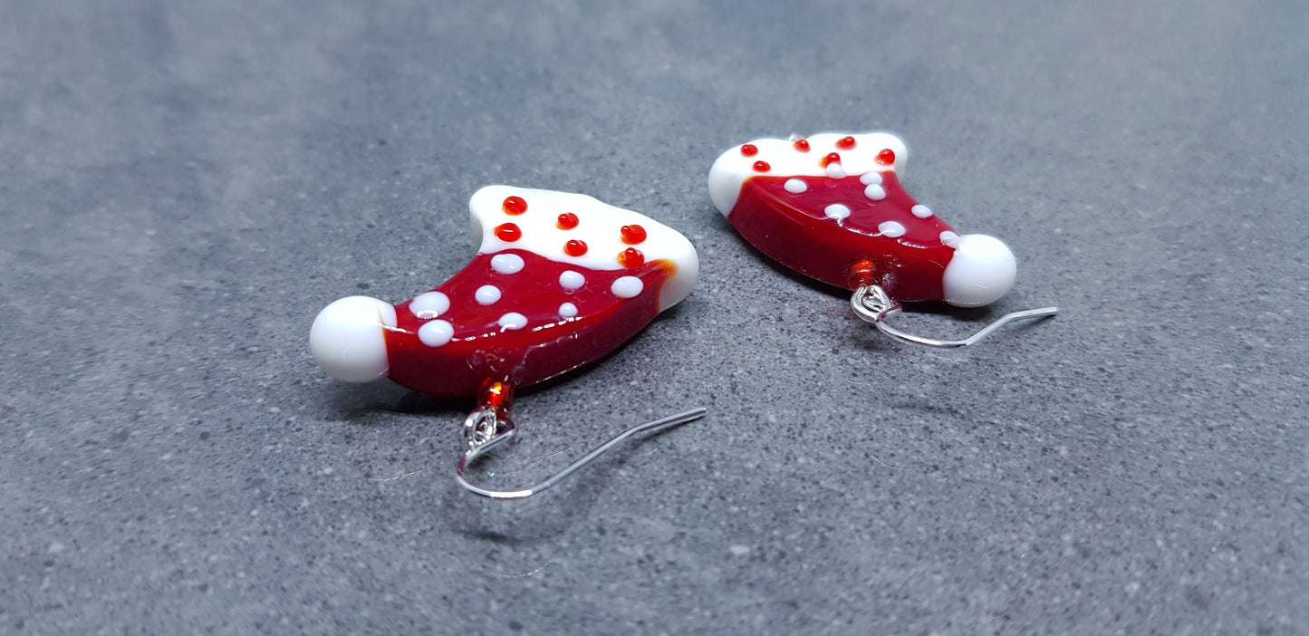 Glass Santa Hat Earrings, Snowflake Earrings, Glass Jewelry, Hypoallergenic, Santa Earrings, Christmas Earrings, Festive Earrings