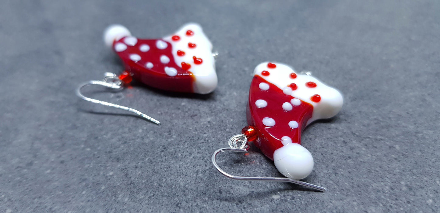Glass Santa Hat Earrings, Snowflake Earrings, Glass Jewelry, Hypoallergenic, Santa Earrings, Christmas Earrings, Festive Earrings