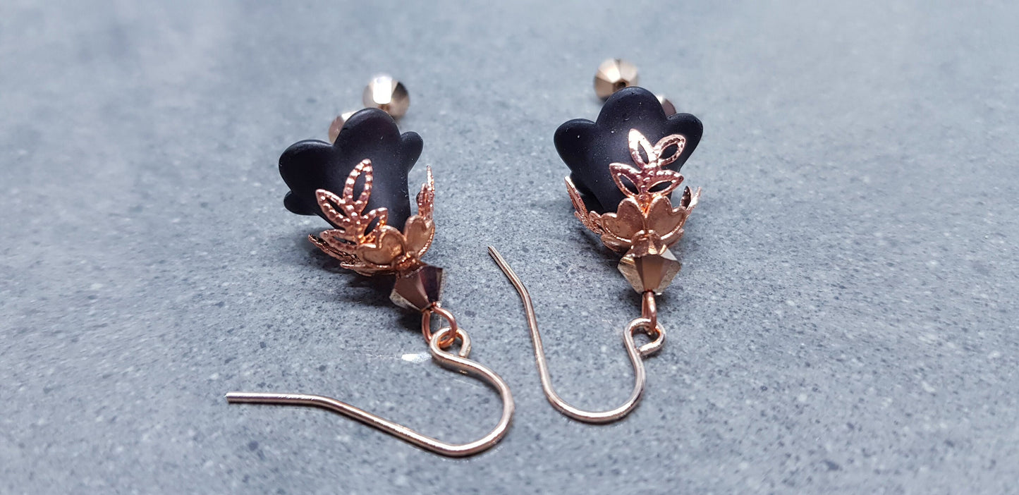 Black Flower Earrings, Hypoallergenic ear wires, Sterling Silver Ear Wires, Black PRIMERO Crystals®, Rose Gold Jewellery