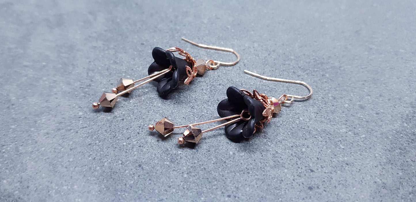 Black Flower Earrings, Hypoallergenic ear wires, Sterling Silver Ear Wires, Black PRIMERO Crystals®, Rose Gold Jewellery