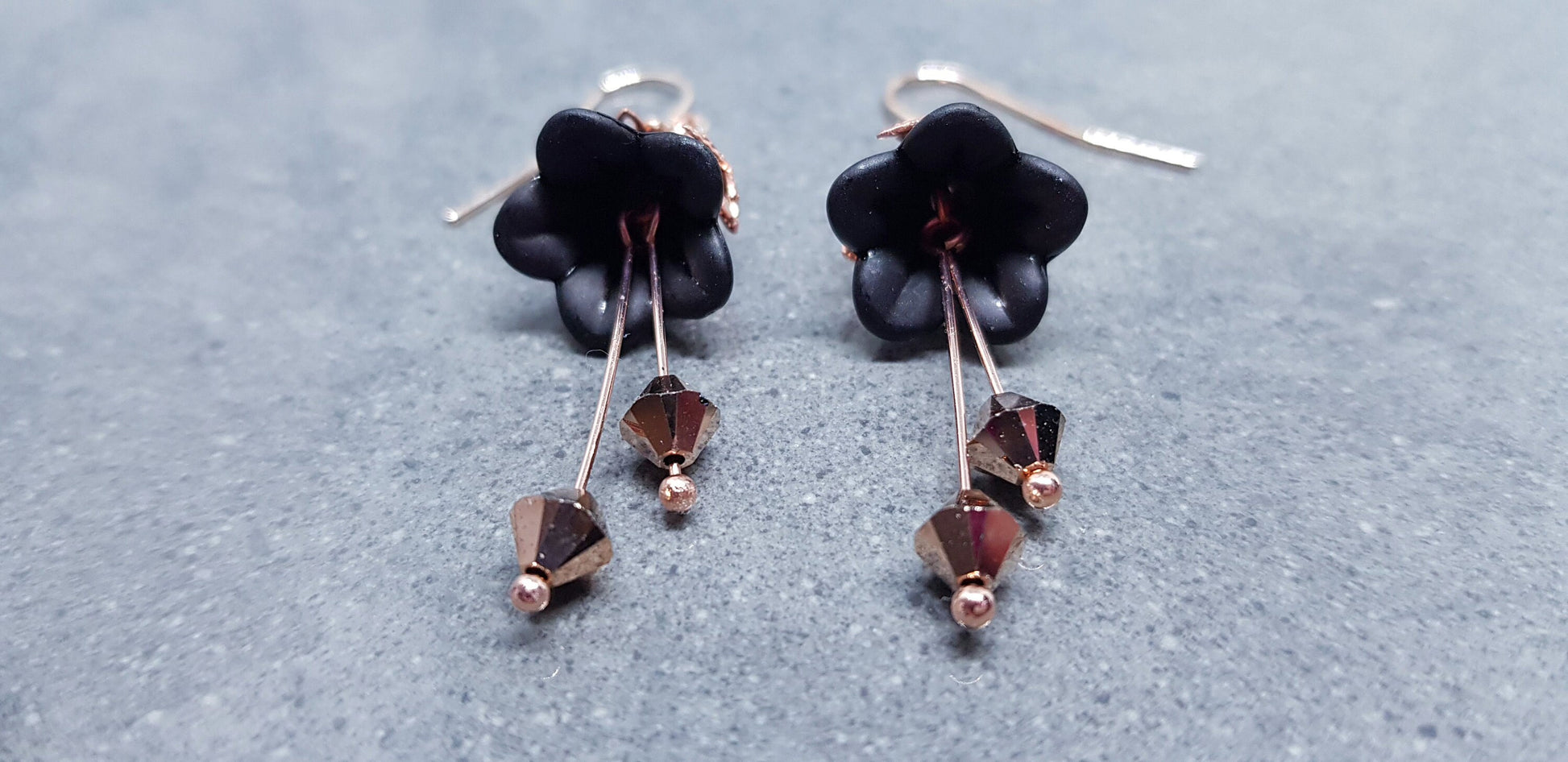 Black Flower Earrings, Hypoallergenic ear wires, Sterling Silver Ear Wires, Black PRIMERO Crystals®, Rose Gold Jewellery