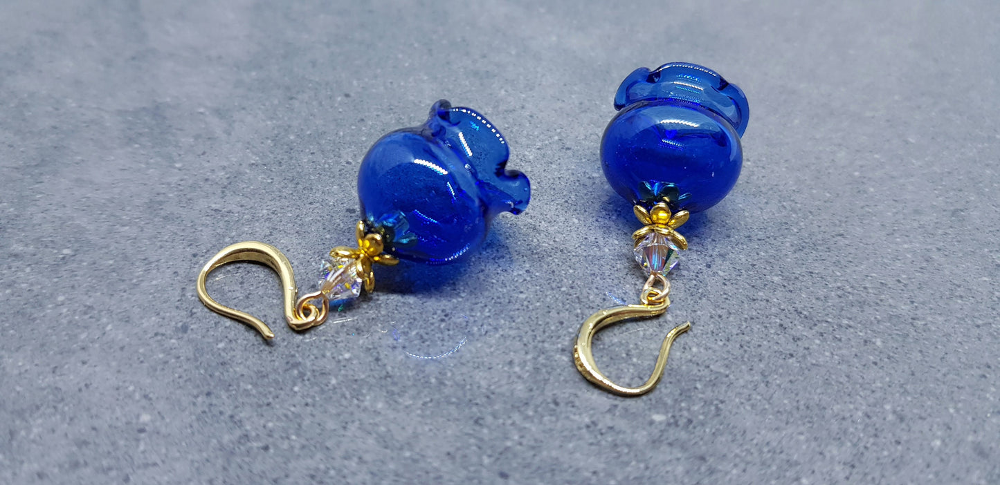 Glass Flower Earrings, Hypoallergenic Brass Ear Wires, Royal Blue Earrings, Clear PRIMERO Crystals®