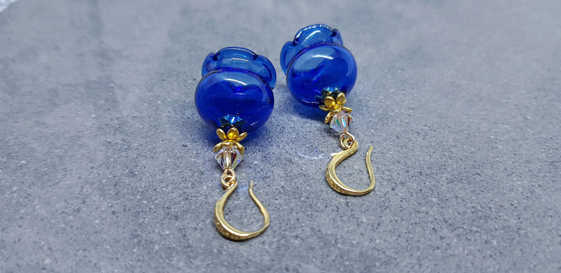 Glass Flower Earrings, Hypoallergenic Brass Ear Wires, Royal Blue Earrings, Clear PRIMERO Crystals®