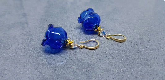 Glass Flower Earrings, Hypoallergenic Brass Ear Wires, Royal Blue Earrings, Clear PRIMERO Crystals®