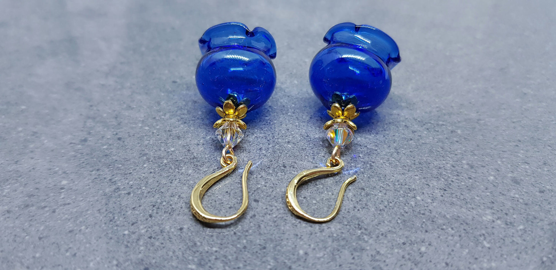 Glass Flower Earrings, Hypoallergenic Brass Ear Wires, Royal Blue Earrings, Clear PRIMERO Crystals®