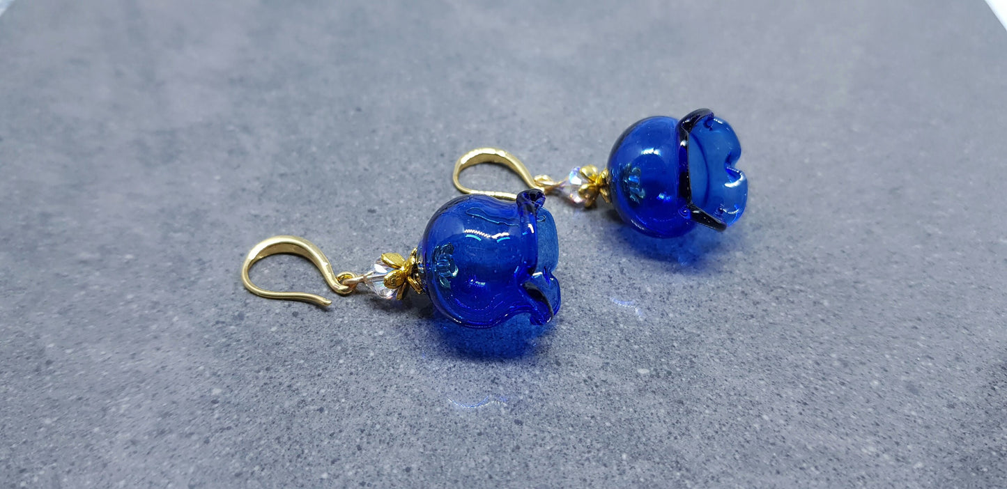 Glass Flower Earrings, Hypoallergenic Brass Ear Wires, Royal Blue Earrings, Clear PRIMERO Crystals®